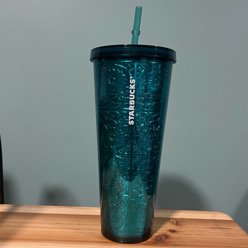 Starbucks Embossed Tin Floral Metallic Foil Teal Blue Cold Cup 24oz Tumbler 2017